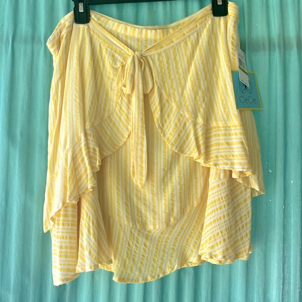 NWT Cece yellow/white striped faux wrap skirt size 14